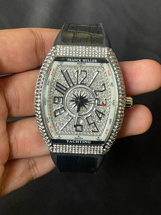 FM White Diamond Watch | Black Leather Strap Edition