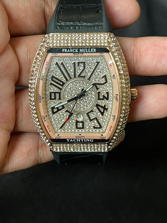 FM Golden Diamond Watch | Black Leather Strap Edition